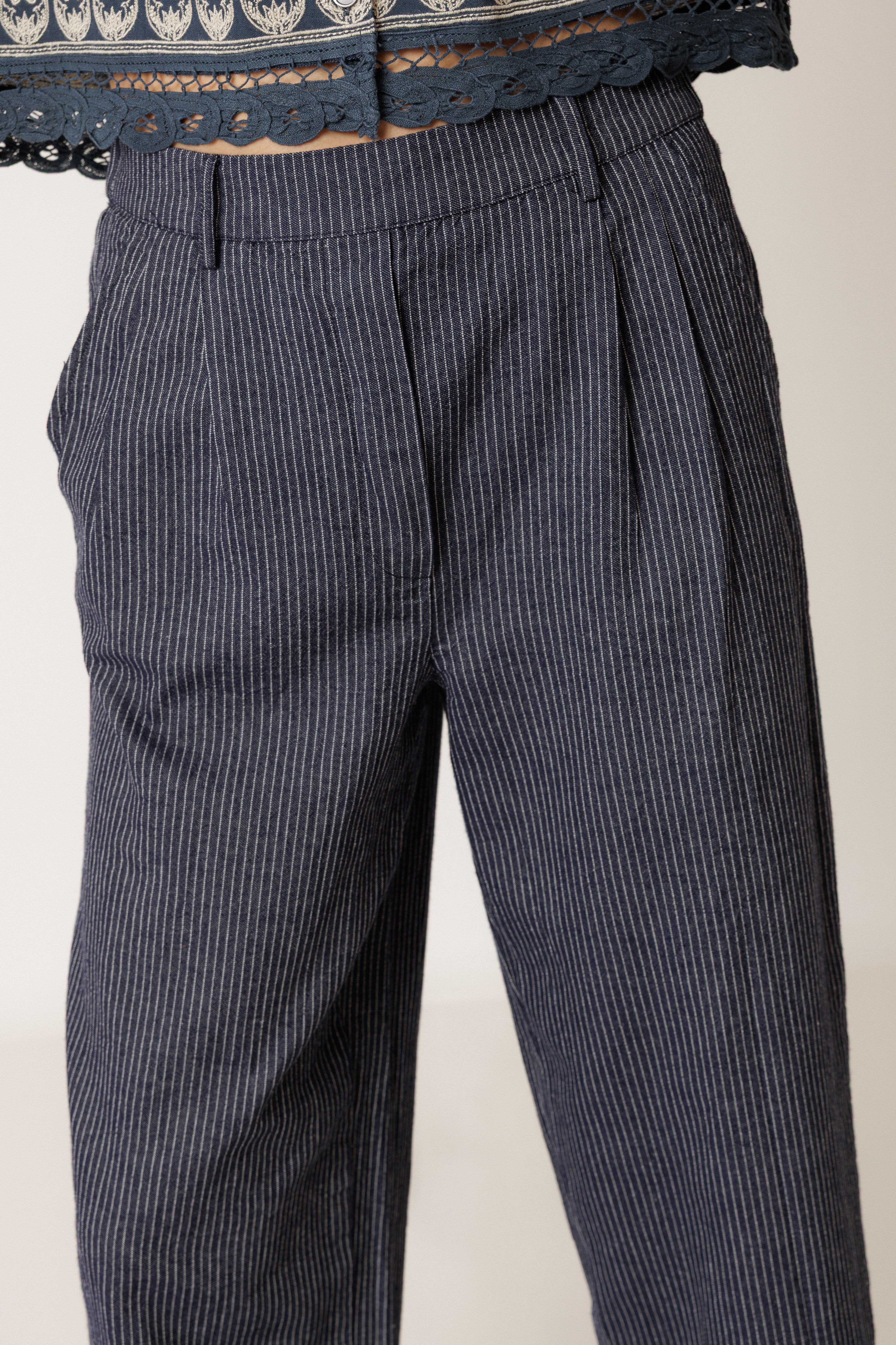 INDI AND COLD PLEATED PINSTRIPE TROUSER COTTON INDIGO BLUE STRIPE