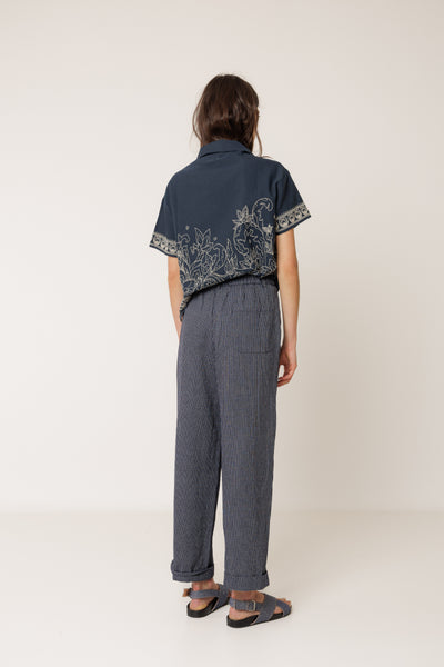 INDI AND COLD PLEATED PINSTRIPE TROUSER COTTON INDIGO BLUE STRIPE
