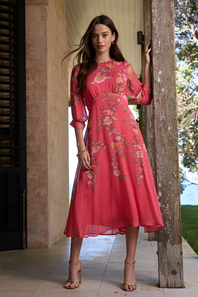 LOOBIES STORY MIRISSA MIDI DRESS CORAL PINK INDIGO FLORAL DRESS