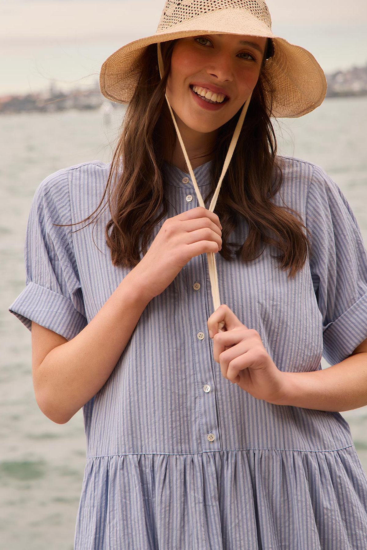 SILLS MONICA STRIPE DRESS COTTON LINEN BLUE SHIRT DRESS