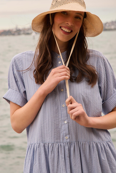 SILLS MONICA STRIPE DRESS COTTON LINEN BLUE SHIRT DRESS