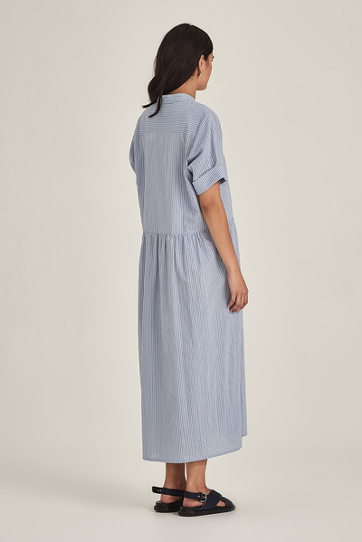 SILLS MONICA STRIPE DRESS COTTON LINEN BLUE SHIRT DRESS