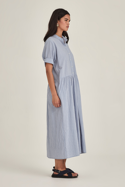 SILLS MONICA STRIPE DRESS COTTON LINEN BLUE SHIRT DRESS