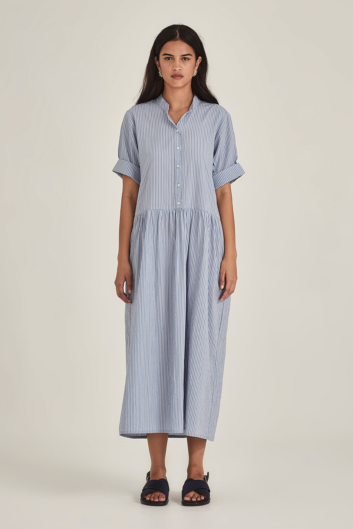 SILLS MONICA STRIPE DRESS COTTON LINEN BLUE SHIRT DRESS