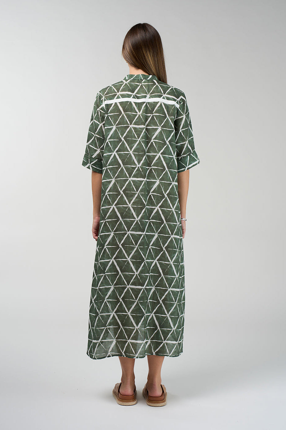 Prism Shirt Dress in khaki and white geometric print with button front and midi length