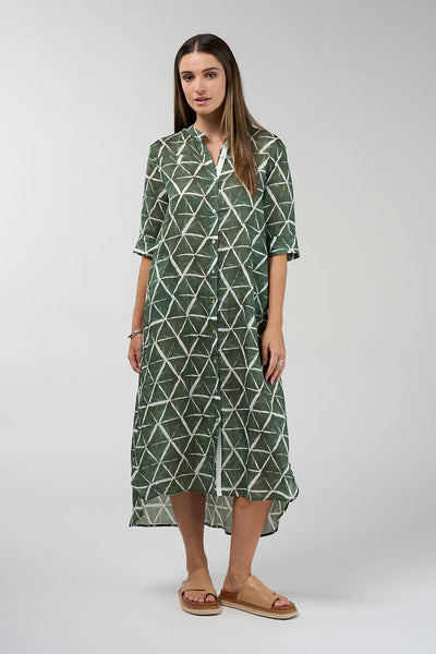 Prism Shirt Dress in khaki and white geometric print with button front and midi length
