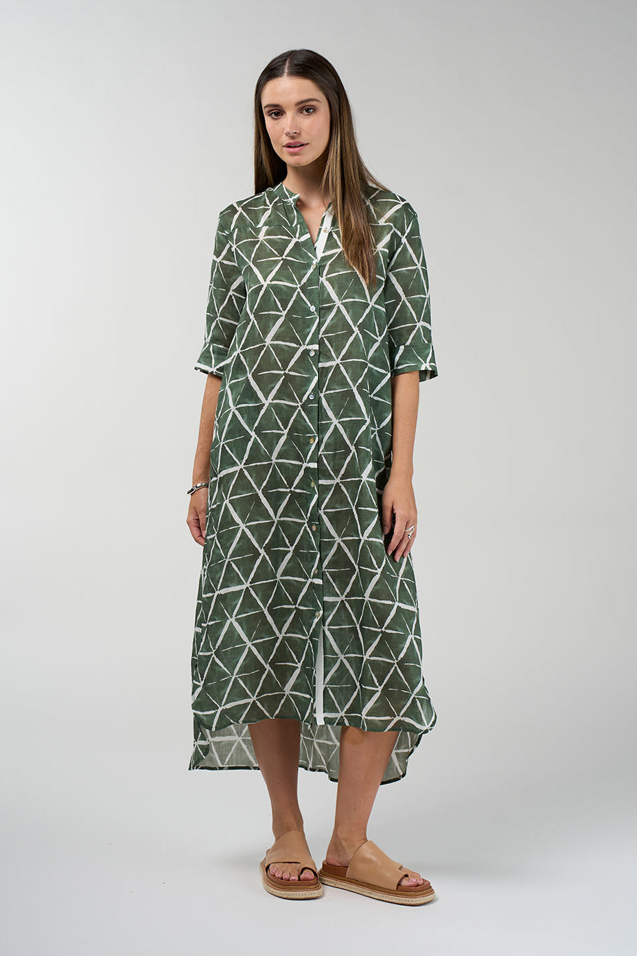 Prism Shirt Dress in khaki and white geometric print with button front and midi length