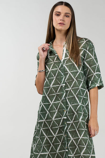 Prism Shirt Dress in khaki and white geometric print with button front and midi length