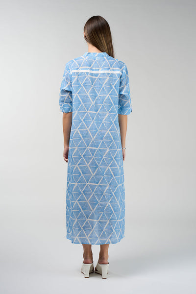 Prism Shirt Dress in sky blue and white geometric print with button front and midi length