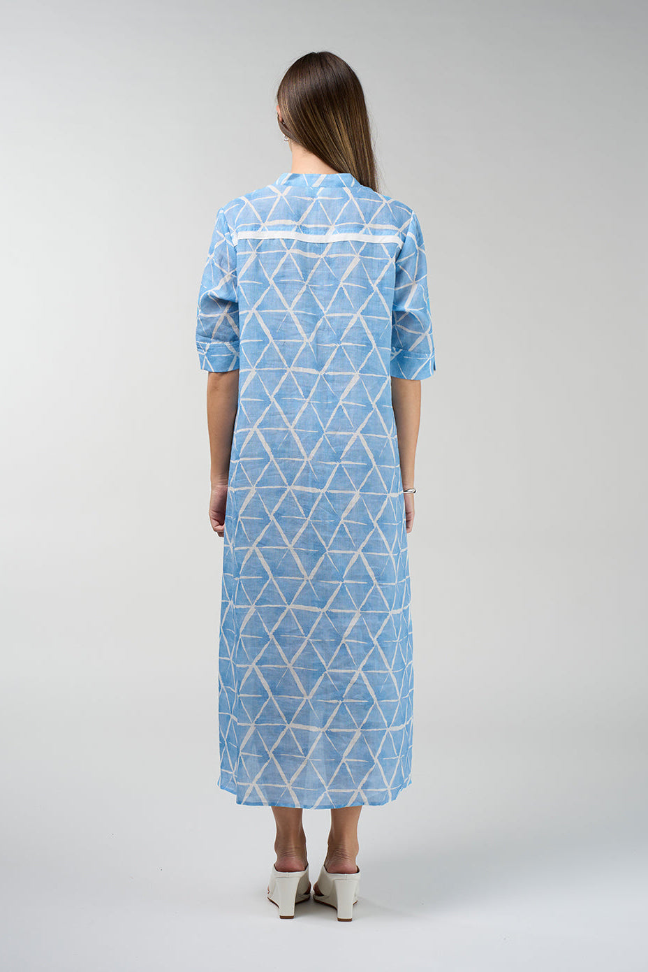 Prism Shirt Dress in sky blue and white geometric print with button front and midi length