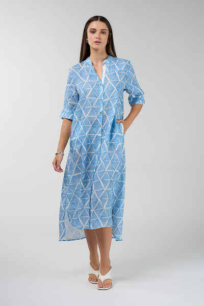 Prism Shirt Dress in sky blue and white geometric print with button front and midi length