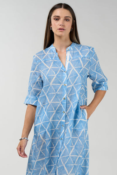 Prism Shirt Dress in sky blue and white geometric print with button front and midi length