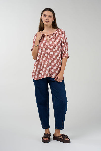 MADLY SWEETLY VISION BLOUSE VISCOSE RAYON TENSEL LINEN SPOT DOT TOP BLUE BROWN COCOA