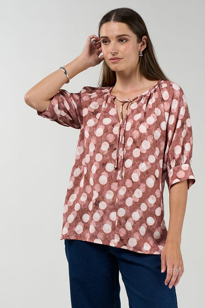 MADLY SWEETLY VISION BLOUSE VISCOSE RAYON TENSEL LINEN SPOT DOT TOP BLUE BROWN COCOA