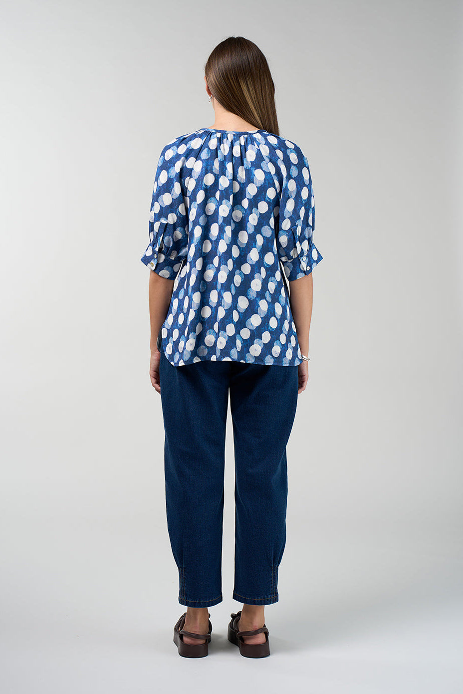 MADLY SWEETLY VISION BLOUSE VISCOSE RAYON TENSEL LINEN SPOT DOT TOP BLUE BROWN COCOA