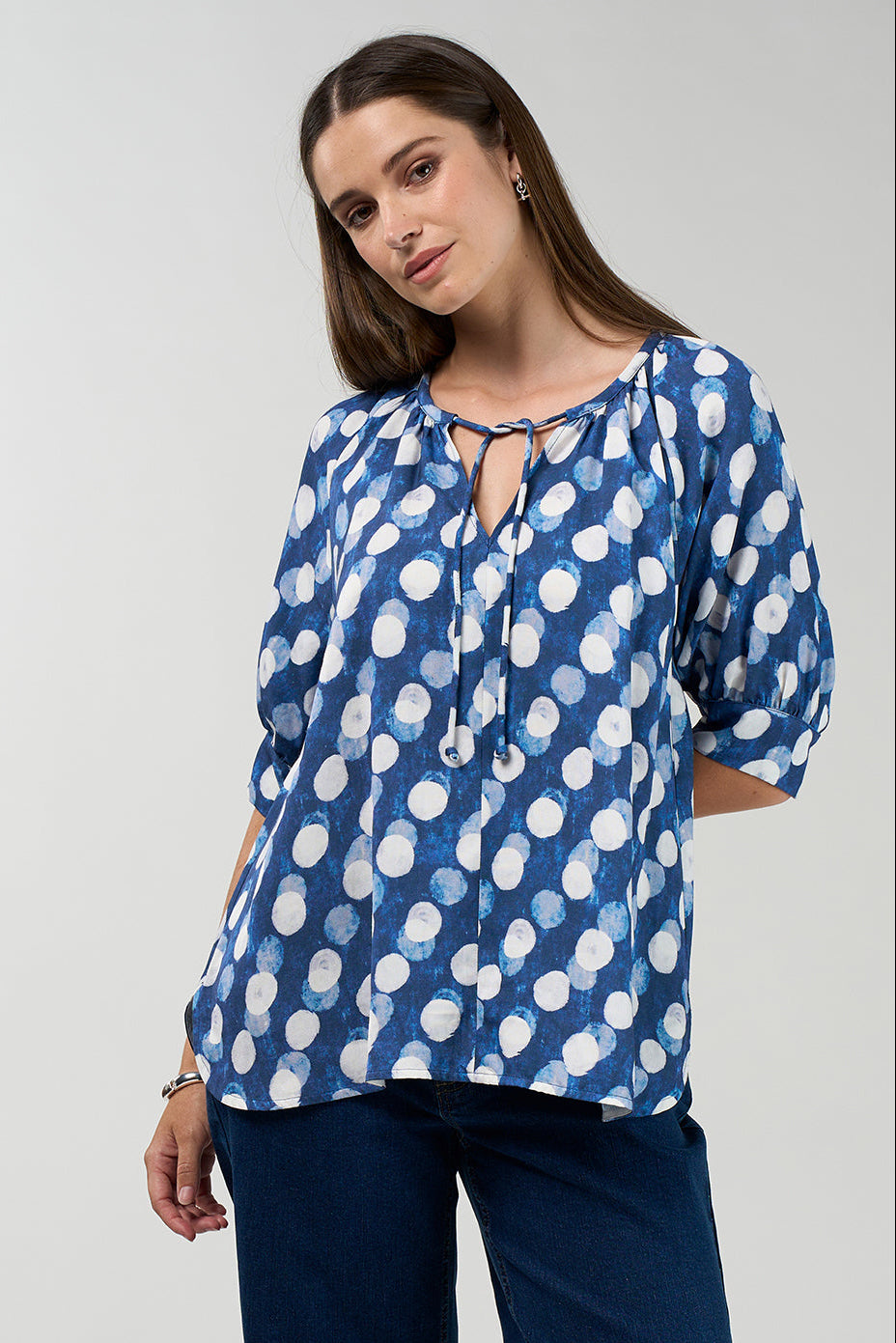 MADLY SWEETLY VISION BLOUSE VISCOSE RAYON TENSEL LINEN SPOT DOT TOP BLUE BROWN COCOA