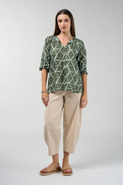 Prism button-down blouse in khaki and white geometric print with gathered neckline and puff sleeves