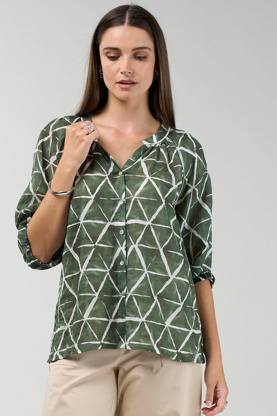 Prism button-down blouse in khaki and white geometric print with gathered neckline and puff sleeves
