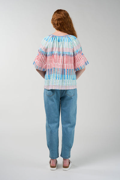 Infinity Blouse in multicolour stripe print with gathered neckline and flared sleeves
