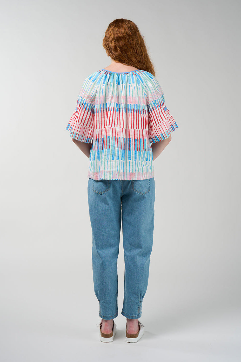 Infinity Blouse in multicolour stripe print with gathered neckline and flared sleeves