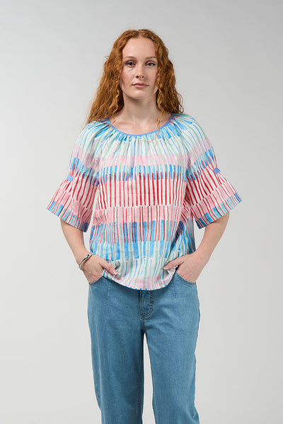Linen Infinity Blouse in multicolour stripe print with gathered neckline and flared sleeves