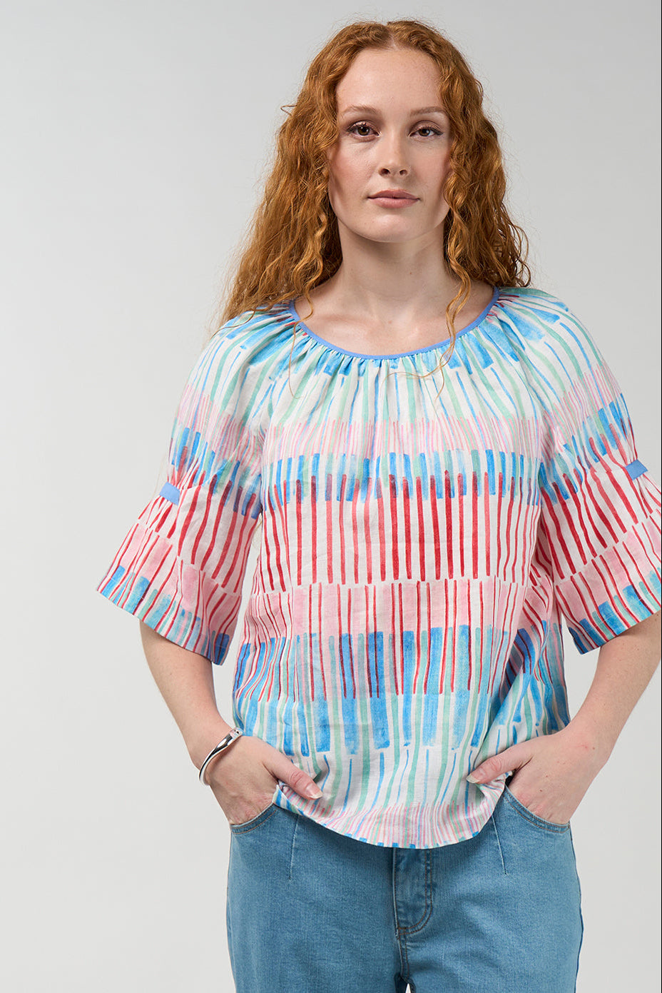 Infinity Blouse in multicolour stripe print with gathered neckline and flared sleeves