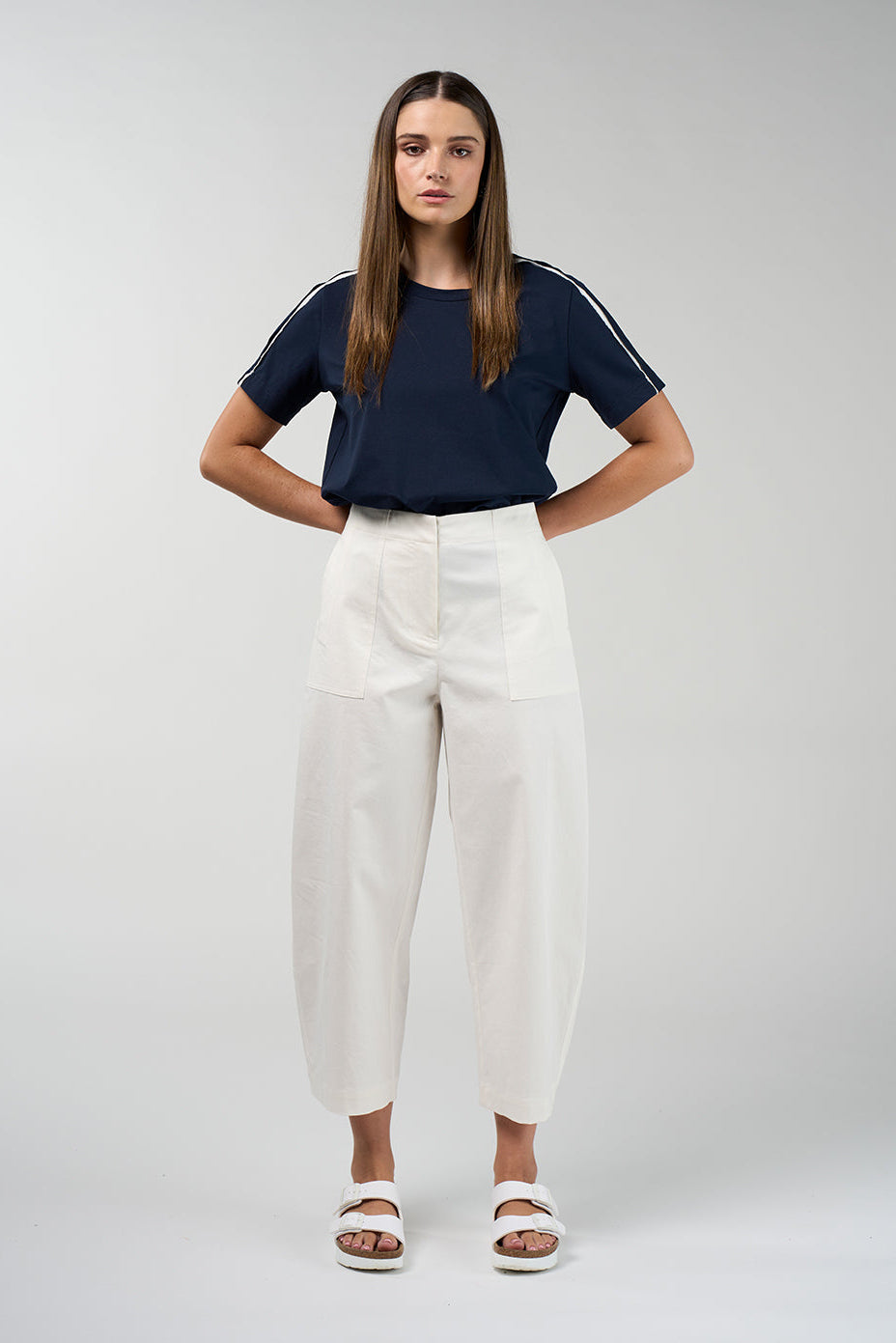 Edge wide leg pants in with elasticated back waist and patch pockets