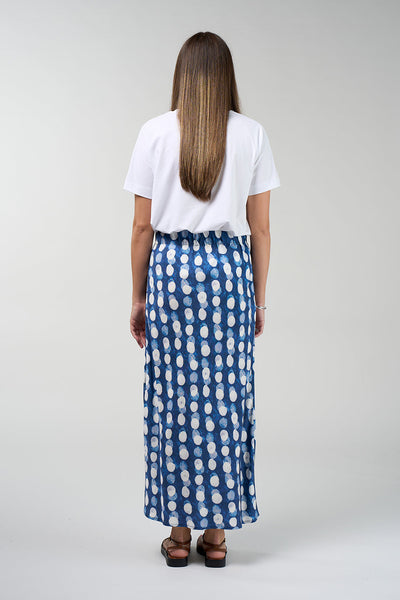 MADLY SWEETLY VISION SKIRT VISCOSE RAYON TENSEL LINEN SPOT DOT MAXI BIAS CUT SKIRT COCOA BROWN BLUE 