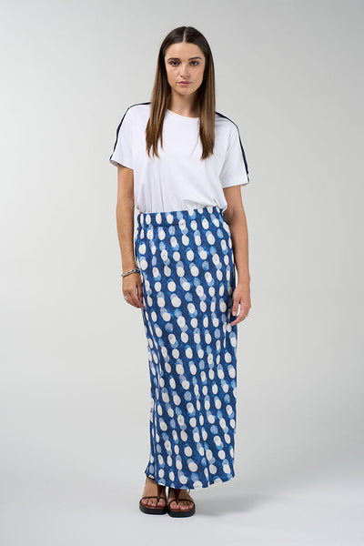 MADLY SWEETLY VISION SKIRT VISCOSE RAYON TENSEL LINEN SPOT DOT MAXI BIAS CUT SKIRT COCOA BROWN BLUE 