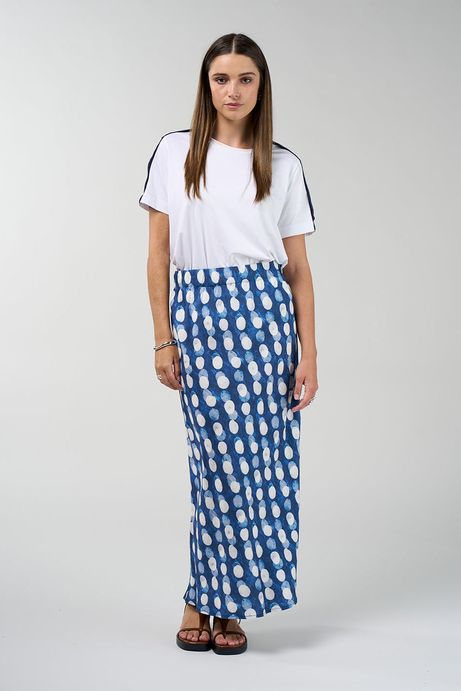 MADLY SWEETLY VISION SKIRT VISCOSE RAYON TENSEL LINEN SPOT DOT MAXI BIAS CUT SKIRT COCOA BROWN BLUE 