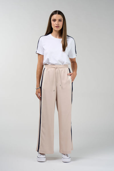 Contour stretch wide leg pants in stone with navy side stripe