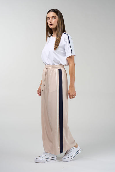 Contour stretch wide leg pants in stone with navy side stripe