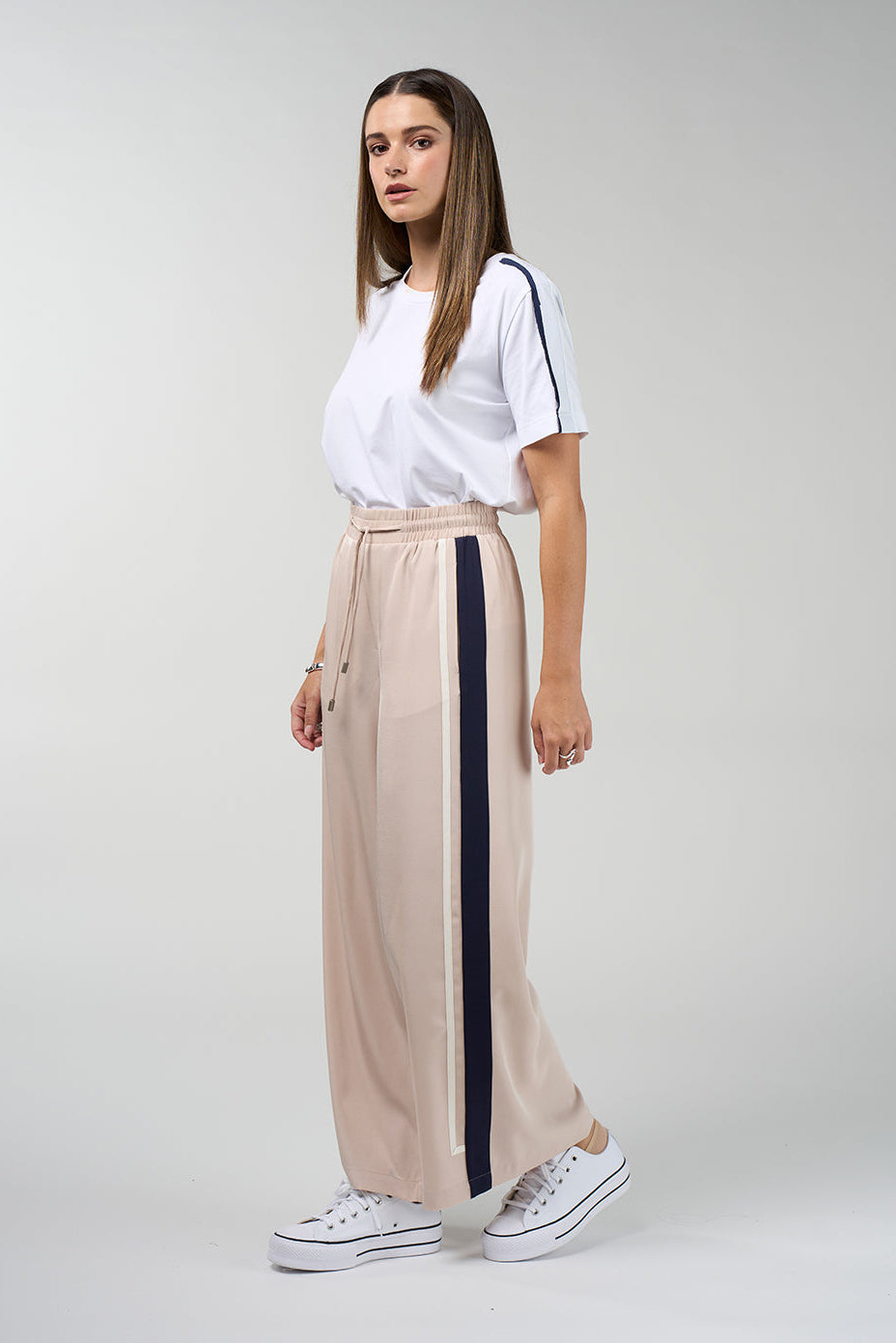 Contour stretch wide leg pants in stone with navy side stripe