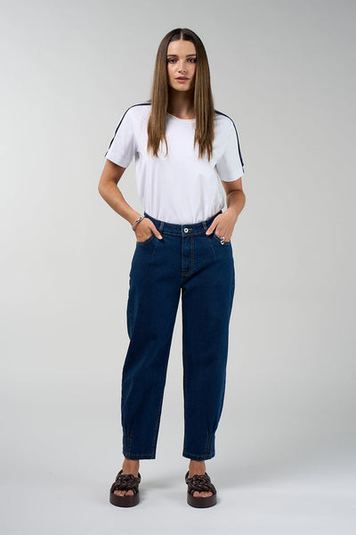 Trio Jean in light and dark wash denim with relaxed tapered leg and cropped length
