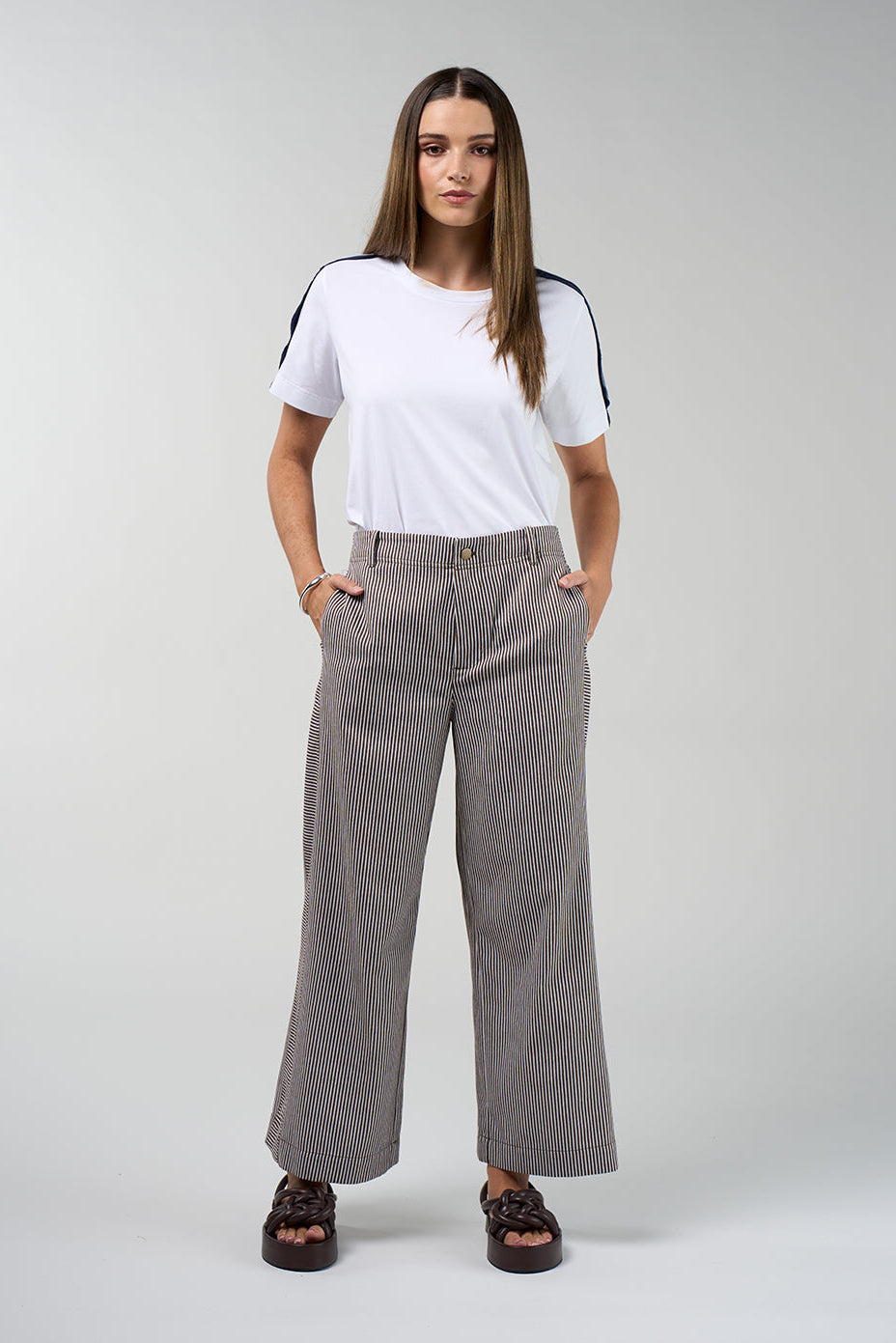 MADLY SWEETLY SIGNAL PANT CHOCOLATE BROWN STRIPE COTTON POLYESTER