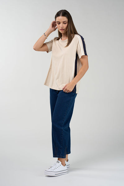 Contour Tee in stone with navy and white contrast side and shoulder stripes