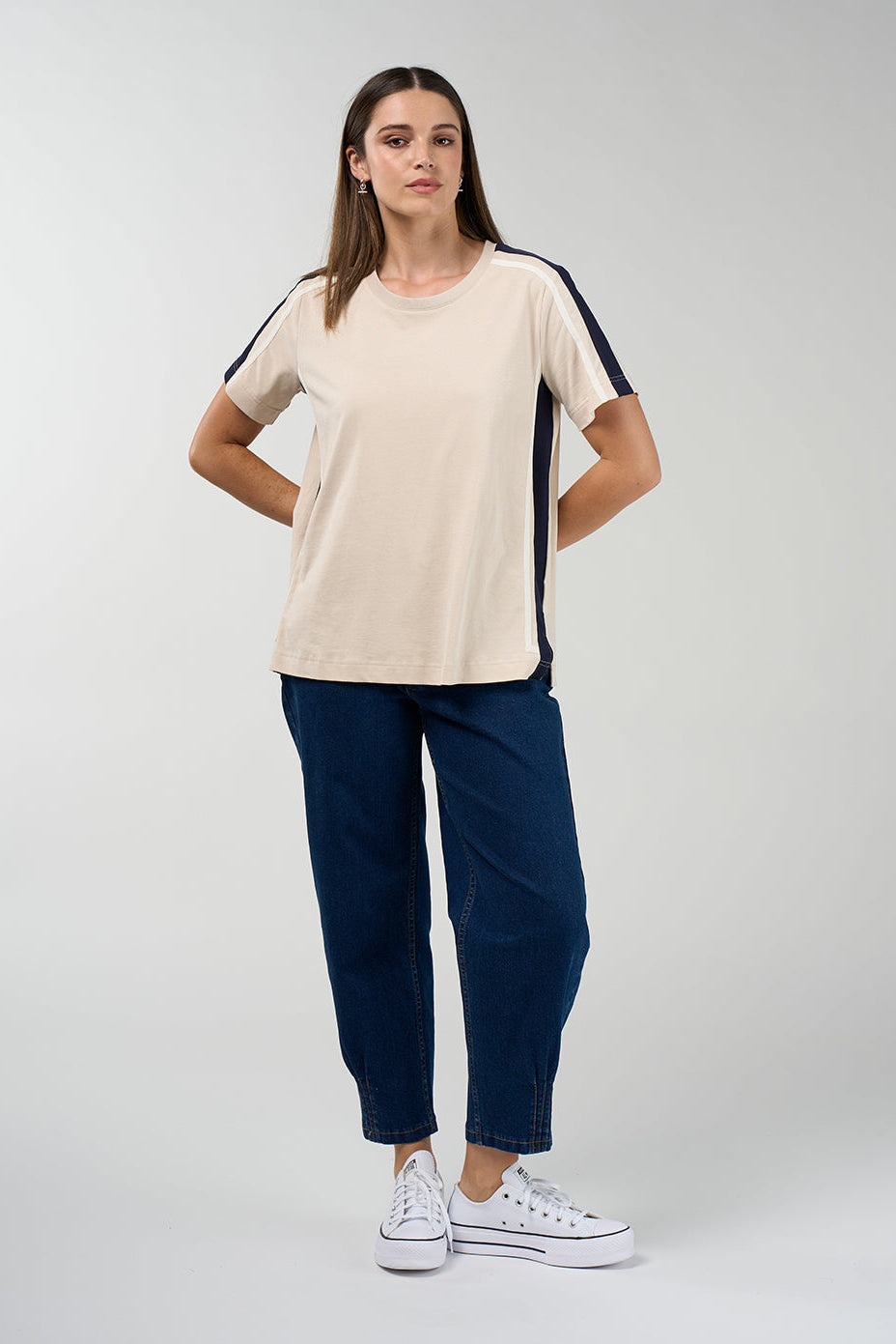 Contour Tee in stone with navy and white contrast side and shoulder stripes