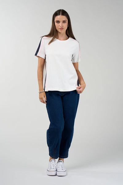 Contour Tee in white with navy and pink contrast side and shoulder stripes