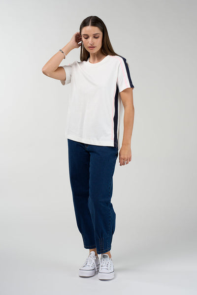 Contour Tee in white with navy and pink contrast side and shoulder stripes