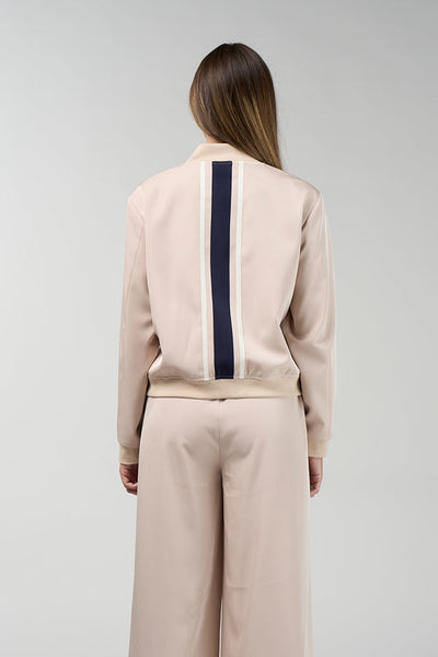 Contour bomber style Jacket in stone with navy and white stripe detail, zip front and patch pockets