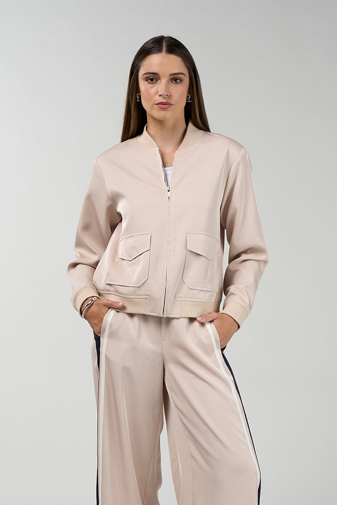 Contour bomber style Jacket in stone with navy and white stripe detail, zip front and patch pockets