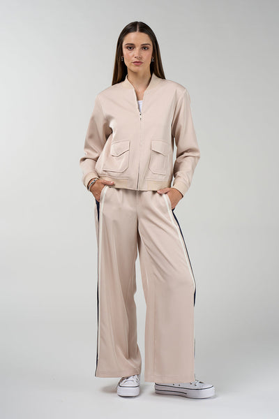 Contour stretch wide leg pants in stone with navy side stripe