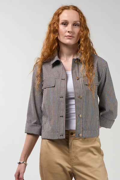 MADLY SWEETLY SIGNAL JACKET COTTON POLYESTER BROWN COCOA STRIPE DENIM JACKET