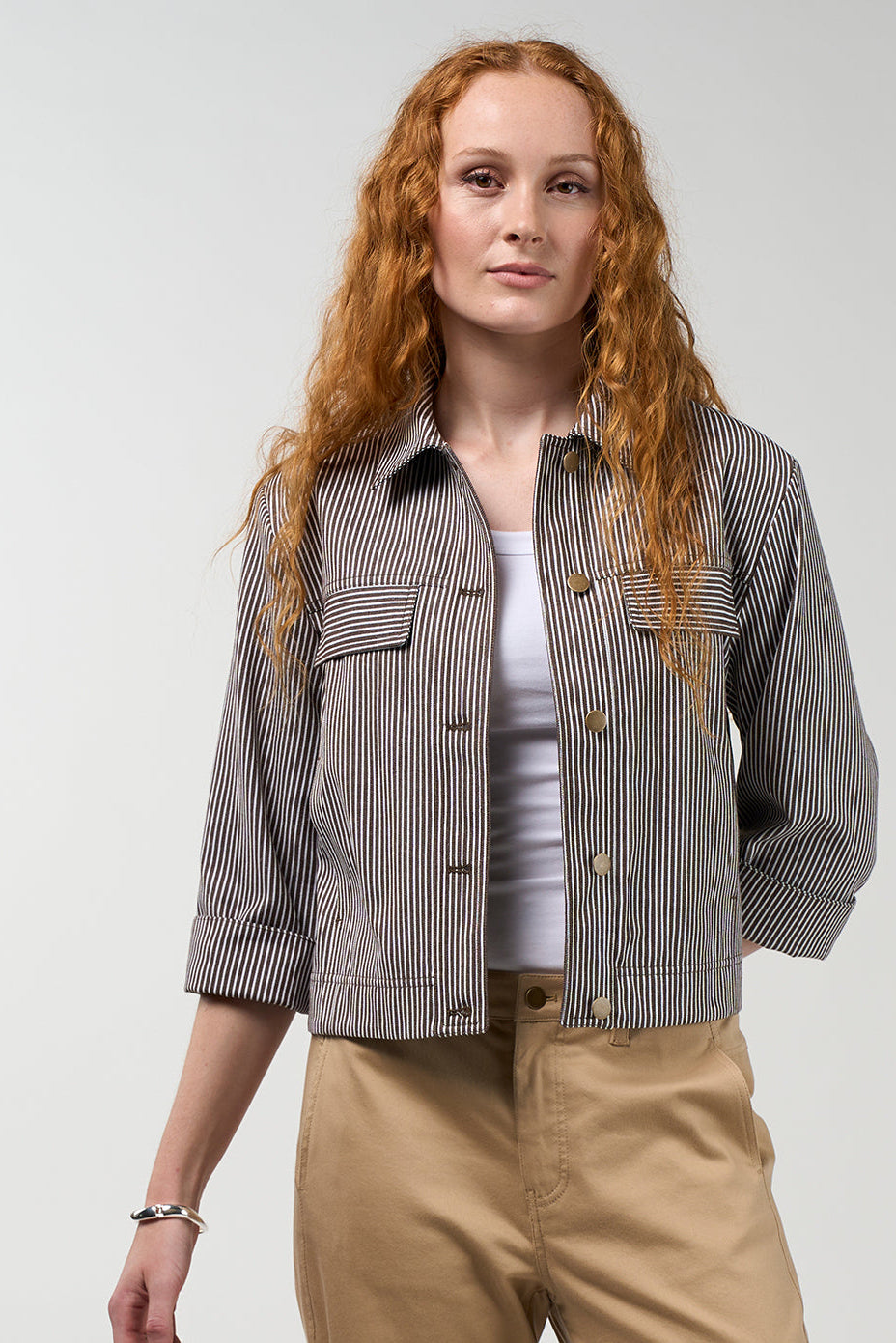 MADLY SWEETLY SIGNAL JACKET COTTON POLYESTER BROWN COCOA STRIPE DENIM JACKET