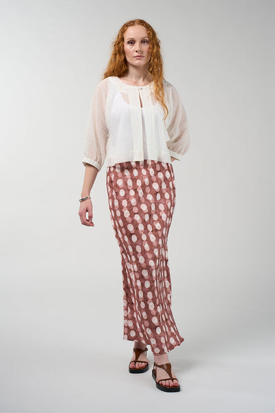 MADLY SWEETLY VISION SKIRT VISCOSE RAYON TENSEL LINEN SPOT DOT MAXI BIAS CUT SKIRT COCOA BROWN BLUE 