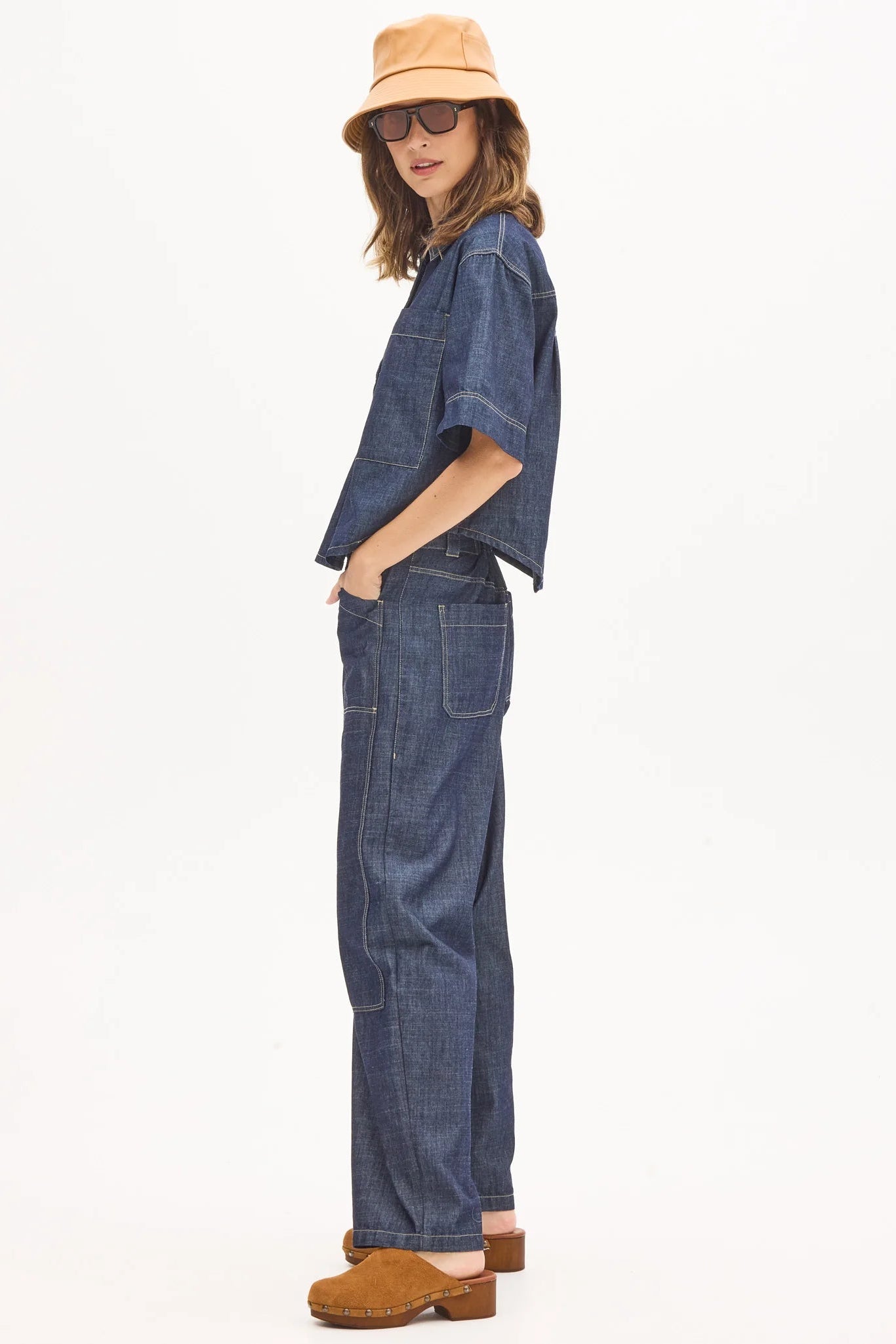 POL MUHLE BARREL PANT DARK WASH DENIM PANT DENIM JEAN BARREL JEAN STITCHING YELLOW STITCHING BAGGY JEAN OVERSIZED JEAN  COTTON DENIM