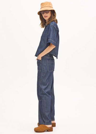 POL MUHLE BARREL PANT DARK WASH DENIM PANT DENIM JEAN BARREL JEAN STITCHING YELLOW STITCHING BAGGY JEAN OVERSIZED JEAN  COTTON DENIM