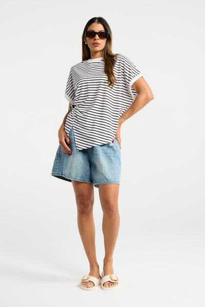 INK NOTCH TSHIRT HORIZONTAL STRIPE WHITE SHIRT NAVY STRIPE PONCHO TOP WITH CINCH DETAIL