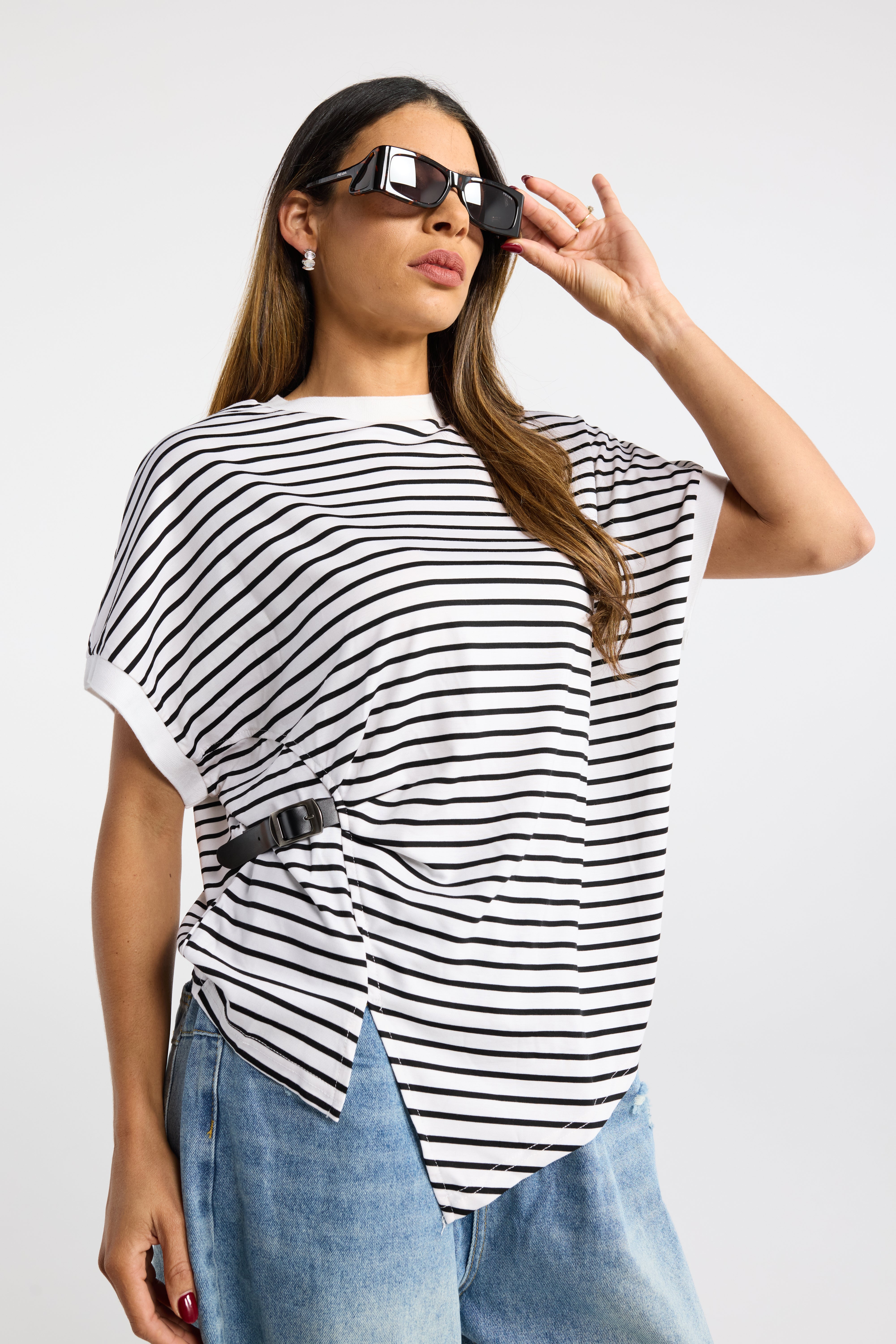 INK NOTCH TSHIRT HORIZONTAL STRIPE WHITE SHIRT NAVY STRIPE PONCHO TOP WITH CINCH DETAIL