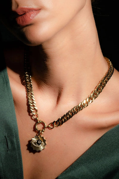 SILK AND STEEL NOVA NECKLACE GOLD NECKLACE CHUNKY CHAIN CURB CHAIN CHAIN NECKLACE EVIL EYE EVIL EYE CHARM SUNBURST CHARM CRYSTAL CHARM TOGGLE CLASP STATEMENT NECKLACE LAYERING NECKLACE CHARM NECKLACE GOLD JEWELLERY GOLD CHAIN BOLD JEWELLERY FASHION JEWELLERY PROTECTIVE SYMBOL LUCKY CHARM EYE PENDANT EVERYDAY JEWELLERY WOMENS JEWELLERY MODERN JEWELLERY LUXE STYLE MINIMAL GLAM LAYERING PIECE GOLD PENDANT CUBIC ZIRCONIA GIFT IDEA